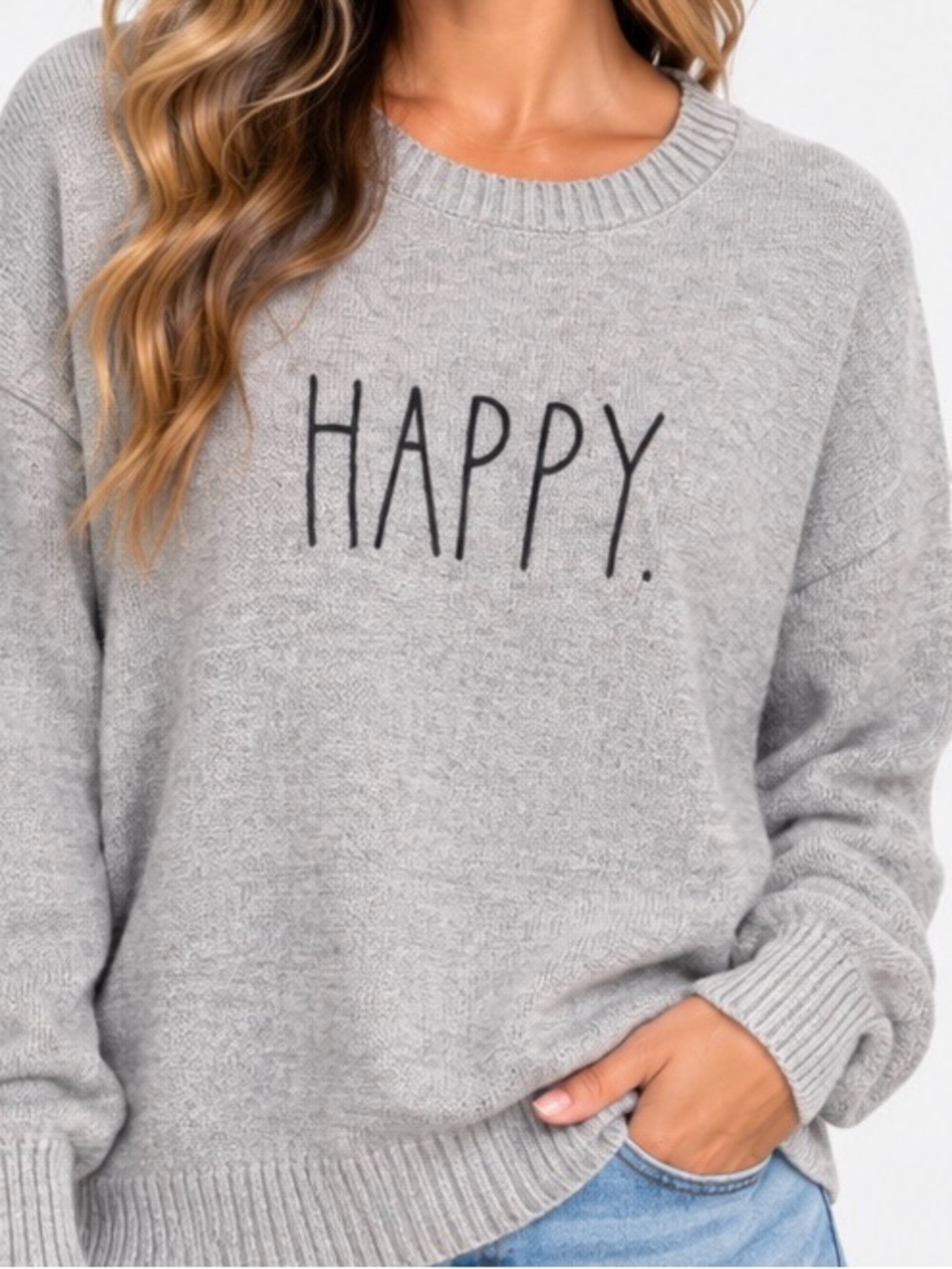 Rae Dunn Gray 'HAPPY.' Crewneck Sweater